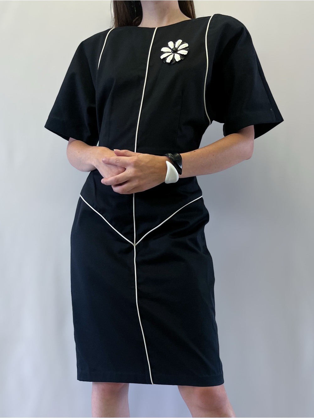 1980s Chetta B Black Dress With White Piping